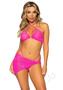 Leg Avenue Rhinestone Mesh Bra Top With Ring Accent, G-string Panty And Matching Sarong (3 Pieces) - Small - Neon Pink